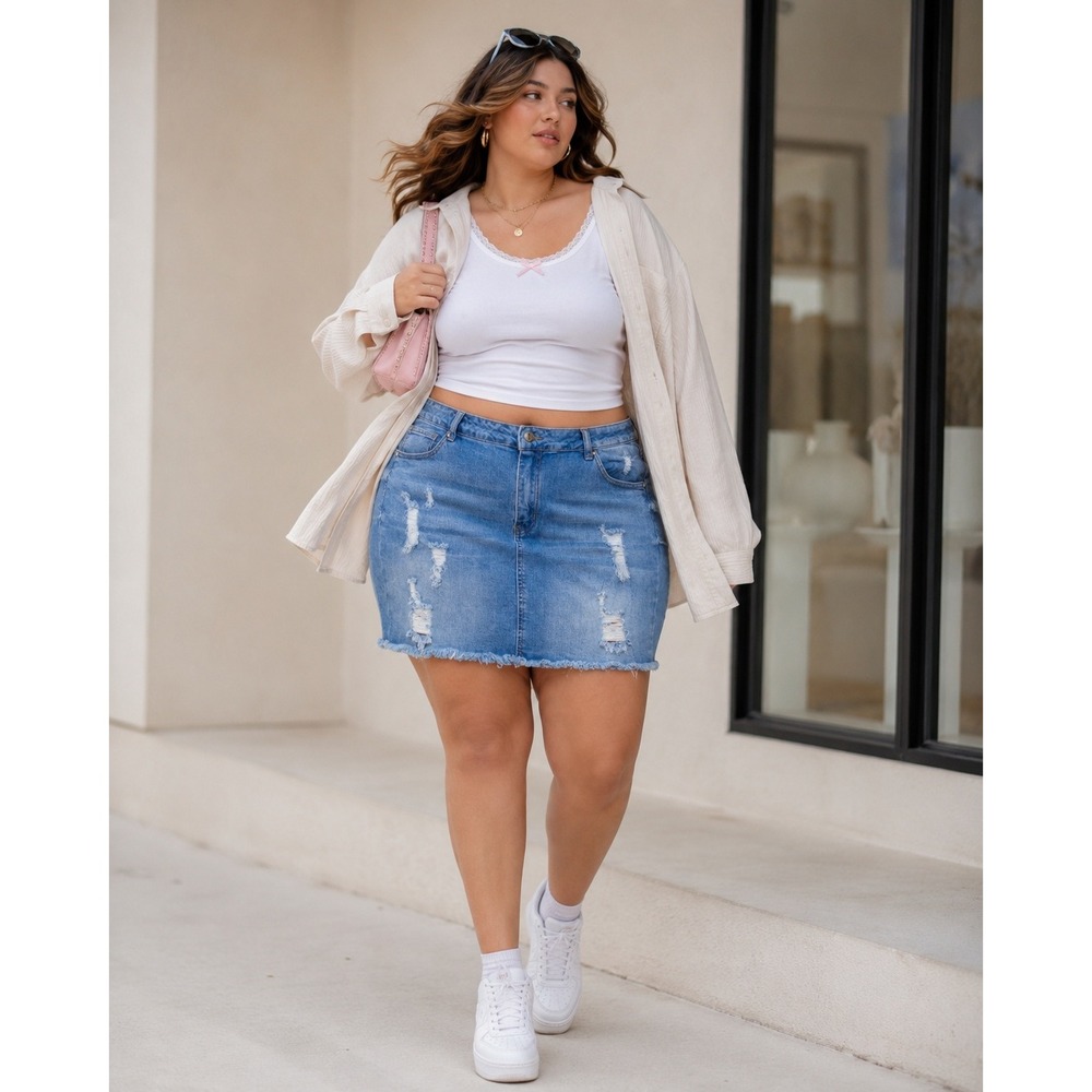 Wax Jean Distressed Denim Mini Skirt Light Wash Plus 3XL Y2K